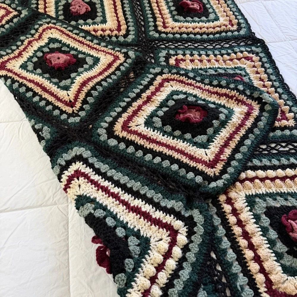 Hand Crocheted Granny Square Afghan Throw Blanket Floral 70